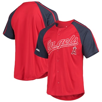 mens stitches red los angeles angels button down raglan repl